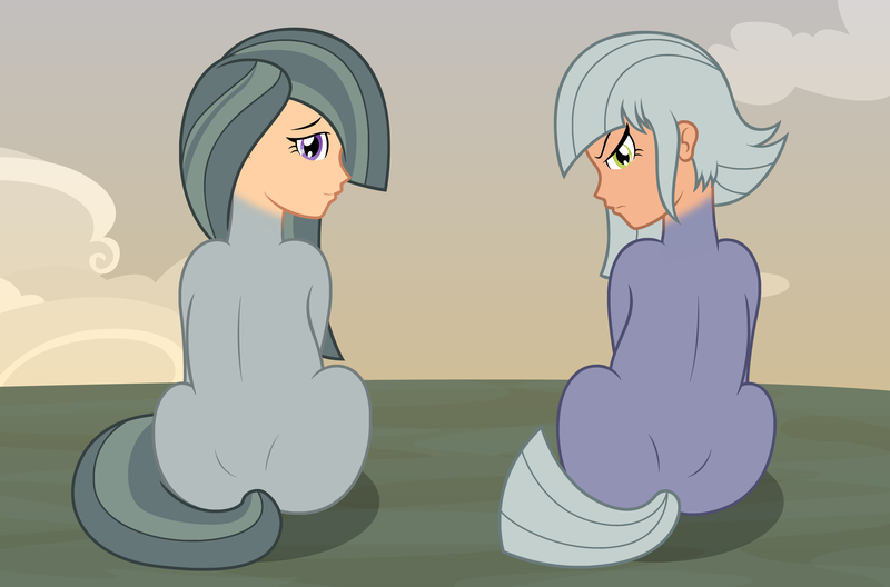 Size: 3236x2134 | Tagged: suggestive, artist:badumsquish, derpibooru import, limestone pie, marble pie, earth pony, human head pony, monster pony, original species, pony, butt, derpibooru exclusive, duo, frown, glare, image, looking at you, looking back, plot, png, show accurate, sitting, sky, smiling, species swap, unamused, varying degrees of want
