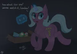 Size: 2025x1427 | Tagged: safe, artist:nyrikiri, derpibooru import, idw, radiant hope, crystal pony, pony, unicorn, box, cassette tape, derpibooru exclusive, female, high res, image, mare, night, png, the crystal empire 10th anniversary, vhs