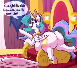 Size: 3288x2886 | Tagged: suggestive, artist:graphenescloset, derpibooru import, princess celestia, alicorn, pony, series:tons of sun, belly, butt, chubbylestia, dialogue, emanata, fat, image, incentive drive, lying down, open mouth, open smile, png, prone, smiling, solo, speech bubble, sunbutt, throne, weight gain, weight gain sequence