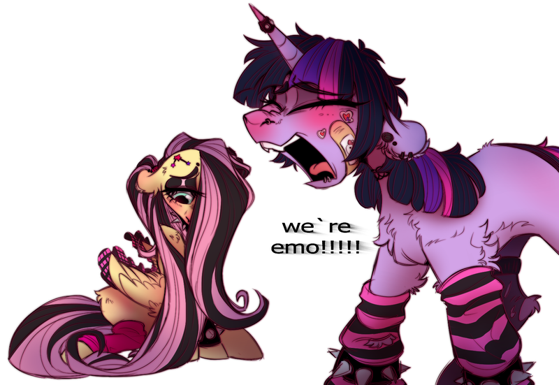 Size: 1567x1080 | Tagged: safe, artist:wacky-skiff, derpibooru import, fluttershy, twilight sparkle, pegasus, pony, unicorn, bandaid, bracelet, choker, clothes, ear piercing, emo, emo twilight, emoshy, eyes closed, eyeshadow, hello kitty, horn, horn jewelry, horn ring, image, jewelry, leg warmers, lip piercing, makeup, nose piercing, open mouth, piercing, png, ring, socks, spiked choker, spiked wristband, striped socks, unicorn twilight, we're emo, wristband