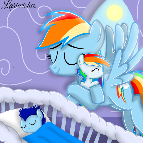 Size: 1000x1000 | Tagged: safe, artist:mlplary6, derpibooru import, rainbow dash, oc, oc:blue skies, oc:speedy dash, pegasus, pony, baby, carrying, colt, eyes closed, female, filly, flying, foal, image, male, mare, momma dash, mother and child, mother and daughter, mother and son, motherly love, offspring, parent:rainbow dash, parent:soarin', parents:soarindash, png, siblings, sleeping, smiling, twins