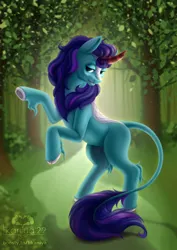 Size: 904x1280 | Tagged: safe, artist:zeo-fawx, derpibooru import, oc, oc:bluestar burst, unofficial characters only, kirin, pony, blue eyes, blue mane, blue tail, curved horn, digital art, forest, grass, horn, image, jpeg, kirin oc, leaves, leonine tail, lidded eyes, looking at you, male, smiling, smiling at you, solo, stallion, sunlight, tail, teeth, tree, unshorn fetlocks, watermark