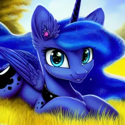 Size: 1024x1024 | Tagged: safe, derpibooru import, editor:dovakkins, machine learning generated, purplesmart.ai, stable diffusion, princess luna, alicorn, pony, beautiful, cute, ear fluff, female, grass, image, jewelry, lunabetes, lying down, mare, missing accessory, peytral, png, prone, smiling, solo