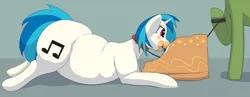 Size: 3167x1224 | Tagged: suggestive, artist:lupin quill, derpibooru import, vinyl scratch, oc, oc:lupin quill, earth pony, pony, unicorn, bedroom eyes, belly, belly button, big belly, butt, cake, canon x oc, collar, earth pony oc, eating, fat, fat fetish, feedee, feeder, female, fetish, food, image, large butt, leash, male, messy eating, pet play, plot, png, shipping, simple background, straight, vinyl fat