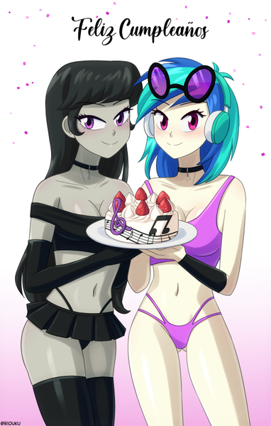 Size: 509x800 | Tagged: suggestive, artist:riouku, derpibooru import, octavia melody, vinyl scratch, equestria girls, bedroom eyes, belly button, birthday, birthday cake, birthday gift, black underwear, blushing, bra, cake, choker, clothes, commission, cute, duo, duo female, evening gloves, female, food, glasses, gloves, headphones, image, long gloves, panties, pink underwear, plate, png, simple background, socks, spanish, stockings, strawberry, tavibetes, thigh highs, underwear, vinyl's glasses, vinylbetes, white background