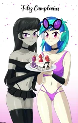 Size: 509x800 | Tagged: suggestive, artist:riouku, derpibooru import, octavia melody, vinyl scratch, equestria girls, bedroom eyes, belly button, birthday, birthday cake, birthday gift, black underwear, blushing, bra, cake, choker, clothes, commission, cute, duo, duo female, evening gloves, female, food, glasses, gloves, headphones, image, long gloves, panties, pink underwear, plate, png, simple background, socks, spanish, stockings, strawberry, tavibetes, thigh highs, underwear, vinyl's glasses, vinylbetes, white background