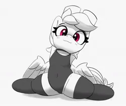 Size: 1263x1066 | Tagged: safe, artist:pabbley, derpibooru import, rainbow dash, pegasus, pony, clothes, female, flexible, image, jpeg, leotard, mare, partial color, simple background, socks, solo, stockings, thigh highs, white background
