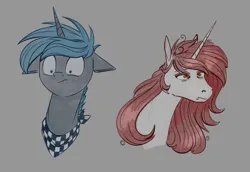 Size: 1600x1100 | Tagged: safe, artist:stray prey, derpibooru import, oc, oc:elegy, oc:lucent, unofficial characters only, pony, unicorn, bust, duo, image, male, messy mane, neckerchief, png, shrunken pupils, simple background, stallion