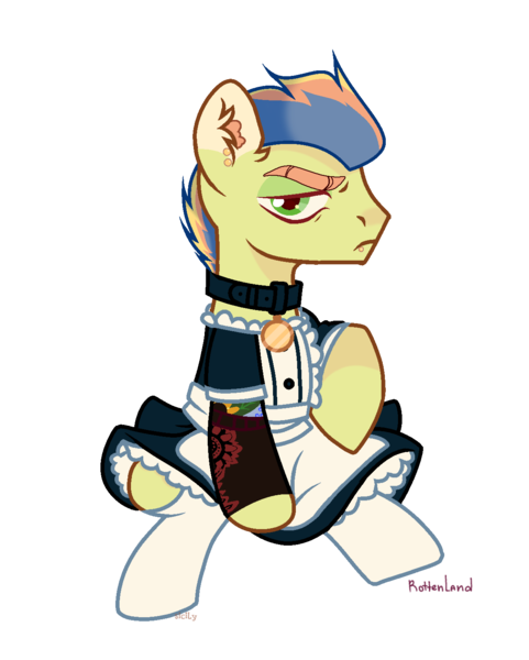 Size: 1200x1498 | Tagged: safe, artist:c1trine, derpibooru import, oc, oc:wonder apple, unofficial characters only, earth pony, pony, icey-verse, clothes, collar, commission, ear piercing, earring, image, jewelry, lip piercing, magical gay spawn, maid, male, multicolored hair, offspring, parent:braeburn, parent:soarin', parents:soarburn, piercing, png, simple background, sitting, snake bites, socks, solo, stallion, stockings, tattoo, thigh highs, transparent background, unamused, ych result