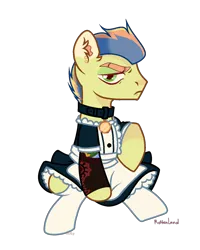Size: 1200x1498 | Tagged: safe, artist:c1trine, derpibooru import, oc, oc:wonder apple, unofficial characters only, earth pony, pony, icey-verse, clothes, collar, commission, ear piercing, earring, image, jewelry, lip piercing, magical gay spawn, maid, male, multicolored hair, offspring, parent:braeburn, parent:soarin', parents:soarburn, piercing, png, simple background, sitting, snake bites, socks, solo, stallion, stockings, tattoo, thigh highs, transparent background, unamused, ych result