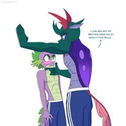Size: 2048x2048 | Tagged: safe, artist:shallowwin, derpibooru import, pharynx, spike, anthro, changedling, changeling, dragon, blushing, clothes, domination, duo, duo male, height difference, image, larger male, male, png, prince pharynx, school uniform, shorts, simple background, size difference, smaller male, white background