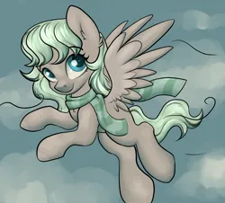 Size: 1902x1723 | Tagged: safe, artist:dumbwoofer, derpibooru import, oc, oc:forest air, pegasus, pony, chest fluff, clothes, cloud, cloudy, ear fluff, female, flying, image, looking at you, mare, png, scarf, sky, sky background, smiling, solo