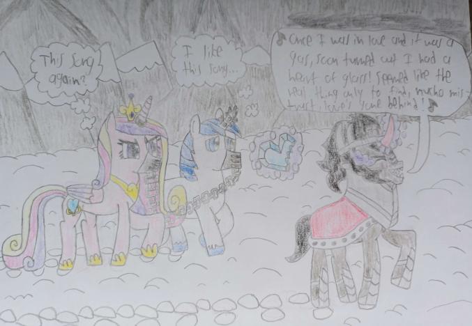 Size: 677x468 | Tagged: safe, artist:mr.myoozik, derpibooru import, king sombra, princess cadance, shining armor, alicorn, pony, unicorn, the crystal empire, angry, annoyed, armor, bad end, bite mark, blondie, captured, chains, cloud, crown, crystal, crystal heart, cutie mark, dark clouds, derpibooru exclusive, eyes closed, female, folded wings, footprint, gag, heart of glass (song), horn, image, jewelry, jpeg, levitation, magic, magic suppression, male, mare, mountain, mountain range, muzzle gag, purple eyes, regalia, sad, sharp teeth, singing, slave, snow, song reference, speech bubble, stallion, teeth, telekinesis, text, the crystal empire 10th anniversary, thought bubble, traditional art, walking, wings