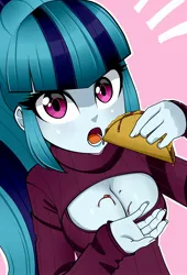 Size: 1500x2200 | Tagged: safe, artist:nekojackun, derpibooru import, sonata dusk, human, equestria girls, boob window, breasts, busty sonata dusk, cleavage, clothes, eating, emanata, food, image, jpeg, looking at you, messy eating, open mouth, sauce, simple background, spill, sweater, taco