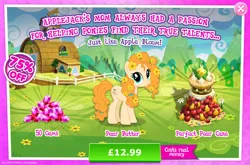 Size: 1965x1298 | Tagged: safe, derpibooru import, official, pear butter, earth pony, pony, advertisement, apple, cake, costs real money, english, female, flower, flower in hair, food, gameloft, gem, image, jpeg, mare, numbers, pear, sale, solo, solo focus, text