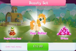 Size: 1271x858 | Tagged: safe, derpibooru import, official, pear butter, earth pony, pony, apple, bundle, cake, costs real money, english, female, flower, flower in hair, food, gameloft, gem, image, jpeg, mare, numbers, pear, sale, solo, solo focus, text
