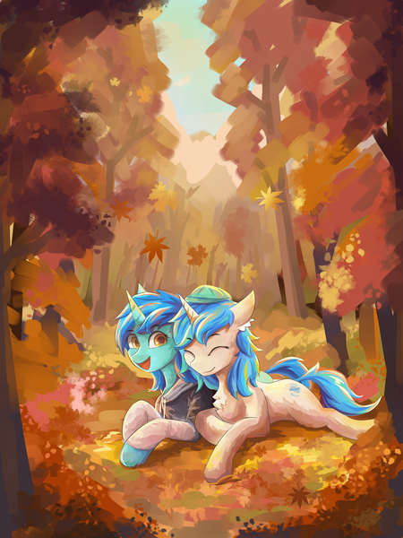 Size: 2100x2800 | Tagged: safe, artist:月下枫林, derpibooru import, oc, unofficial characters only, autumn, eyes closed, female, image, png, shipping, smiling, tree