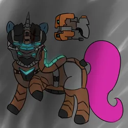 Size: 5000x5000 | Tagged: safe, artist:houndy, derpibooru import, oc, oc:houndy, unofficial characters only, pony, unicorn, absurd resolution, armor, blood, blood splatter, blood stains, clothes, cosplay, costume, dead space, gun, helmet, horn, image, light, male, pink tail, png, stallion, tail, technology, thicc thighs, unicorn oc, weapon, wide hips