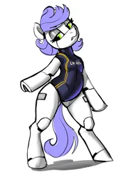 Size: 1535x2048 | Tagged: safe, artist:dimfann, derpibooru import, oc, unofficial characters only, earth pony, robot, robot pony, semi-anthro, bipedal, clothes, female, green eyes, image, jpeg, leotard, simple background, solo, white background