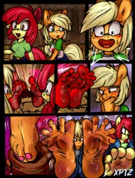 Size: 1132x1486 | Tagged: suggestive, artist:xptzstudios, derpibooru import, apple bloom, applejack, big macintosh, anthro, earth pony, plantigrade anthro, comic:barn trouble, apple siblings, apple sisters, barefoot, belt, blushing, boots, brother and sister, clothes, comic, eyes on the prize, feet, female, fetish, foot fetish, foot focus, hay, image, jpeg, male, nail polish, open mouth, open smile, pants, portal, shirt, shoes, siblings, sisters, smiling, soles, spread toes, sweat, sweatdrop, sweaty feet, thinking