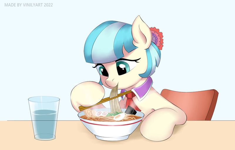 Size: 1096x701 | Tagged: safe, artist:vinilyart, derpibooru import, coco pommel, earth pony, pony, eating, egg, food, glass, glass of water, image, noodles, png, simple background, white background