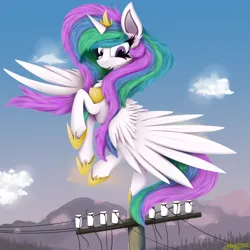Size: 4000x4000 | Tagged: safe, artist:ser-p, derpibooru import, princess celestia, alicorn, pony, absurd resolution, crown, female, hoof shoes, image, jewelry, mare, png, power line, regalia, solo, spread wings, wings