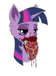 Size: 1476x2000 | Tagged: grimdark, artist:lucktail, derpibooru import, twilight sparkle, pony, blood, bust, cannibalism, fangs, food, image, meat, png, ponies eating meat, portrait, simple background, solo, transparent background
