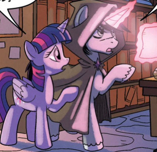 Size: 750x725 | Tagged: safe, artist:tonyfleecs, derpibooru import, idw, shadow lock, twilight sparkle, twilight sparkle (alicorn), alicorn, pony, unicorn, from the shadows, spoiler:comic, spoiler:comic53, cloak, clothes, cropped, duo, female, glow, glowing horn, horn, image, jpeg, male, mare, paper, raised hoof, stallion