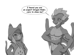 Size: 8000x6000 | Tagged: suggestive, artist:chedx, derpibooru import, spike, dragon, felyne, bait and switch, explicit source, flirting, image, monster hunter, palico, png, tsukino (monster hunter stories 2)