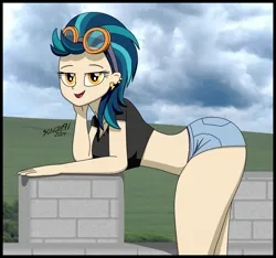 Size: 2048x1915 | Tagged: suggestive, artist:sonork91, indigo zap, equestria girls, ass, beautiful, bedroom eyes, bent over, breasts, busty indigo zap, butt, clothes, denim shorts, ear piercing, female, goggles, goggles on head, image, indiglute zap, jpeg, legs, lidded eyes, looking at you, open mouth, panties, piercing, sexy, shorts, smiling, solo, solo female, stupid sexy indigo zap, thighs, underwear