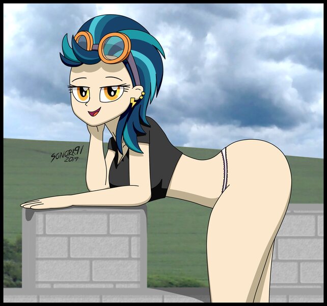 Size: 2048x1915 | Tagged: suggestive, alternate version, artist:sonork91, indigo zap, equestria girls, ass, beautiful, bedroom eyes, bent over, breasts, busty indigo zap, butt, clothes, ear piercing, female, goggles, goggles on head, image, indiglute zap, jpeg, legs, lidded eyes, looking at you, open mouth, panties, piercing, sexy, smiling, solo, solo female, stupid sexy indigo zap, thighs, underwear