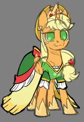 Size: 1400x2030 | Tagged: safe, artist:moonseeker, derpibooru import, applejack, alicorn, pony, alicornified, applecorn, clothes, color, crown, dress, female, gray background, horn, image, jewelry, mare, png, race swap, regalia, simple background, sketch, solo, wings