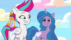 Size: 1280x720 | Tagged: safe, derpibooru import, screencap, izzy moonbow, zipp storm, pegasus, pony, unicorn, my little pony: tell your tale, spoiler:tyts01e36, absurd file size, absurd gif size, animated, duo, duo female, female, g5, gif, image, lantern, magic, mare, mare stream, take flight in the marestream, taking flight, transformation, vehicle
