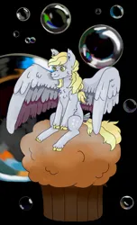 Size: 1067x1753 | Tagged: safe, artist:cluterdrop, derpibooru import, derpy hooves, pegasus, pony, bubble, cloven hooves, female, food, giant food, image, jpeg, mare, muffin, ponies in food, sitting, solo, tail, tail feathers