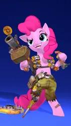 Size: 2160x3840 | Tagged: safe, artist:owlpirate, derpibooru import, pinkie pie, earth pony, pony, 3d, 4k, amputee, bipedal, clothes, cosplay, costume, female, gradient background, grenade launcher, high res, hoof hold, image, junkrat, mare, open mouth, open smile, overwatch, peg leg, png, prosthetic leg, prosthetic limb, prosthetics, smiling, solo, source filmmaker, weapon