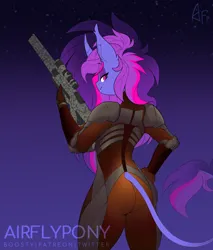 Size: 1194x1400 | Tagged: safe, artist:airfly-pony, derpibooru import, oc, oc:miranda, anthro, pony, unicorn, anthro oc, bodysuit, elepatrium, elepatrium universe, fallout, fallout 4, female, gun, horn, image, looking at you, looking back, looking back at you, miranda, oc solo, png, solo, traditional unicorn tail, unicorn oc, weapon