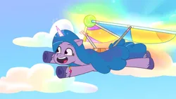Size: 3072x1727 | Tagged: safe, derpibooru import, screencap, izzy moonbow, pony, unicorn, my little pony: tell your tale, spoiler:g5, spoiler:my little pony: tell your tale, spoiler:tyts01e36, ball, cloud, female, flying, g5, high res, image, izzy's tennis ball, jpeg, kite, magic, mare, open mouth, open smile, sky, smiling, solo, take flight in the marestream, telekinesis, tennis ball, youtube link