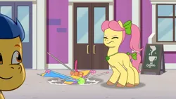 Size: 3072x1727 | Tagged: safe, derpibooru import, screencap, posey (g5), unnamed character, earth pony, pony, my little pony: tell your tale, spoiler:g5, spoiler:my little pony: tell your tale, spoiler:tyts01e36, ball, duo, duo male and female, eyes closed, female, g5, high res, image, izzy's tennis ball, jpeg, kite, male, mare, not flash sentry, smiling, stallion, take flight in the marestream, tennis ball, youtube link