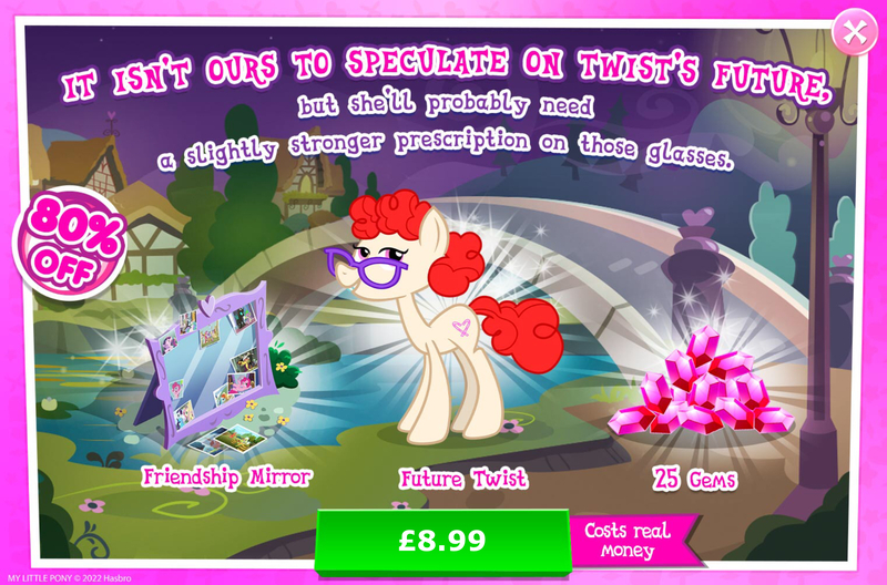 Size: 1964x1296 | Tagged: safe, derpibooru import, official, twist, earth pony, pony, the last problem, advertisement, bush, costs real money, english, female, flower, gameloft, gem, glasses, image, jpeg, mare, mirror, numbers, older, older twist, sale, solo, solo focus, text