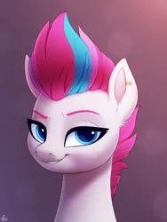 Size: 1500x2000 | Tagged: safe, artist:luminousdazzle, derpibooru import, zipp storm, pegasus, pony, blue eyes, bust, ear piercing, female, g5, grin, image, looking at you, mare, multicolored mane, piercing, png, portrait, simple background, smiling, smug, solo