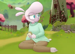 Size: 2290x1660 | Tagged: safe, artist:hitsuji, derpibooru import, anthro, sheep, them's fightin' herds, adorapom, brick wall, clothes, community related, cute, female, fence, food, house, image, lamb, looking offscreen, pants, png, pom (tfh), sandwich, solo, sweater, tree, turtleneck, windmill