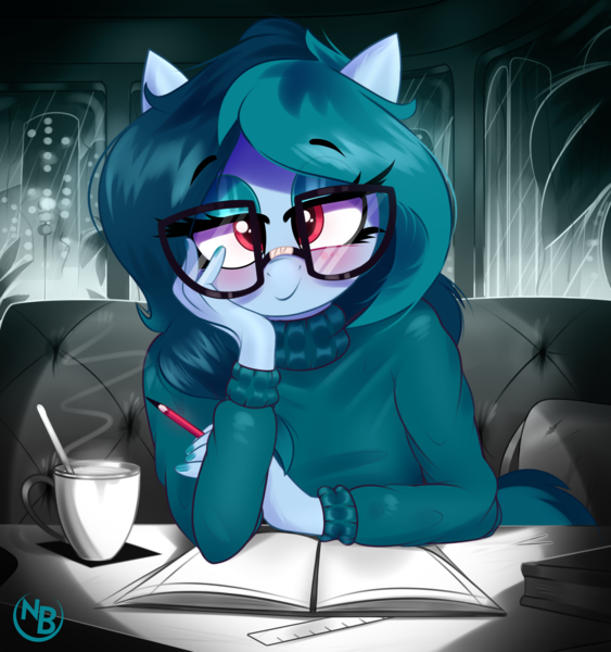 Size: 3169x3378 | Tagged: safe, artist:nevobaster, derpibooru import, oc, oc:delta vee, unofficial characters only, anthro, pegasus, backpack, bedroom eyes, blushing, book, cafe, clothes, coffee mug, glasses, image, looking at you, makeup, mug, notebook, pencil, png, rain, sitting, stare, staring at you, sweater