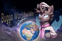 Size: 3000x2000 | Tagged: safe, artist:jedayskayvoker, derpibooru import, oc, oc:rosie clockwork, changeling, pony, blue eyes, buggo, changeling oc, clothes, commission, fangs, image, male, meme, passport, plane, planet, png, solo, space, spread wings, stallion, sweater, text, wings