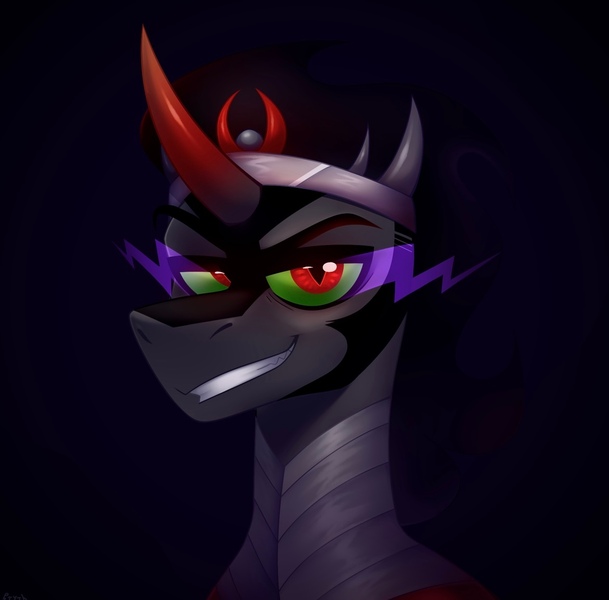Size: 1170x1153 | Tagged: safe, artist:rtootb, derpibooru import, king sombra, pony, unicorn, badass, crystal empire, evil, evil grin, green eyes, grin, image, jpeg, looking at you, male, simple background, smiling, sombra eyes, stallion, the crystal empire 10th anniversary