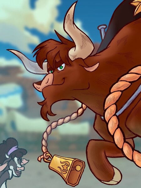 Size: 1535x2048 | Tagged: safe, artist:swayedy, derpibooru import, bull, cow, them's fightin' herds, bell, cloven hooves, community related, cowbell, duo, female, image, jpeg, male, minnesota (tfh), open mouth, open smile, smiling, solo focus, texas (tfh)