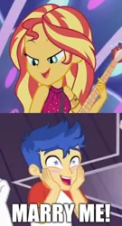 Size: 490x910 | Tagged: safe, derpibooru import, edit, edited screencap, screencap, flash sentry, sunset shimmer, equestria girls, equestria girls series, spring breakdown, spoiler:eqg series (season 2), bedroom eyes, blushing, electric guitar, female, flashimmer, guitar, hands on cheeks, image, male, musical instrument, png, shipping, shipping domino, smiling, starry eyes, straight, wingding eyes