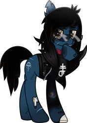 Size: 3676x5196 | Tagged: safe, artist:lightningbolt, artist:lincolnbrewsterfan, derpibooru import, oc, ponified:oliver sykes, earth pony, pony, undead, zombie, zombie pony, .svg available, 2023 community collab, bags under eyes, black mane, black tail, blood, blood stains, bloodshot eyes, bomber jacket, bone, brand, branding, bring me the horizon, brown eyes, clothes, collaboration, colored pupils, denim, derpibooru exclusive, drop dead clothing, fangs, flower, frown, grumpy, hoof on chin, image, inkscape, jacket, jeans, leather, leather jacket, long sleeves, looking at you, male, male symbol, mouth hold, movie accurate, pants, png, raised hoof, rose, scar, shirt, solo, stallion, stitches, sunglasses, sweatshirt, t-shirt, tail, tattoo, text, torn ear, umbrella, vector, zipper