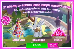 Size: 1957x1298 | Tagged: safe, derpibooru import, official, derpy hooves, pegasus, pony, advertisement, bag, clothes swap, costs real money, cupcake, english, envelope, female, food, gameloft, gem, hat, image, jpeg, letter, mailmare, mare, numbers, older, older derpy hooves, package, ponytail, sale, solo, solo focus, spread wings, text, wings