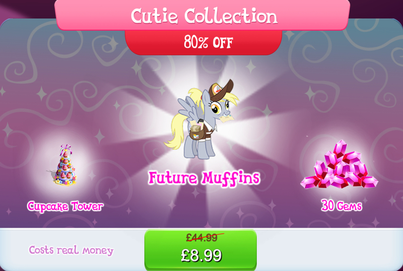 Size: 1268x852 | Tagged: safe, derpibooru import, official, derpy hooves, pegasus, pony, bag, bundle, clothes swap, costs real money, cupcake, english, envelope, female, food, gameloft, gem, hat, image, jpeg, letter, mailmare, mare, numbers, older, older derpy hooves, package, ponytail, sale, solo, solo focus, spread wings, text, wings