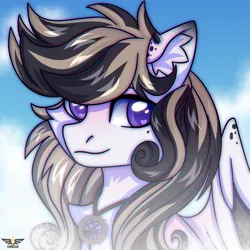 Size: 3000x3000 | Tagged: safe, artist:leah minik, derpibooru import, oc, oc:sketch, unofficial characters only, pegasus, pony, bust, chest fluff, cloud, commission, curly mane, ear fluff, ear piercing, earring, heart, heart eyes, image, jewelry, looking away, male, multicolored mane, partially open wings, pegasus oc, pendant, piercing, png, portrait, purple eyes, sky, sky background, smiling, solo, stallion, two toned mane, wingding eyes, wings